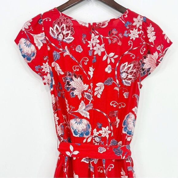 Talbots Red Blue Cream Floral Print V Neck Button Front Sash Waist Dress - Picture 12 of 16